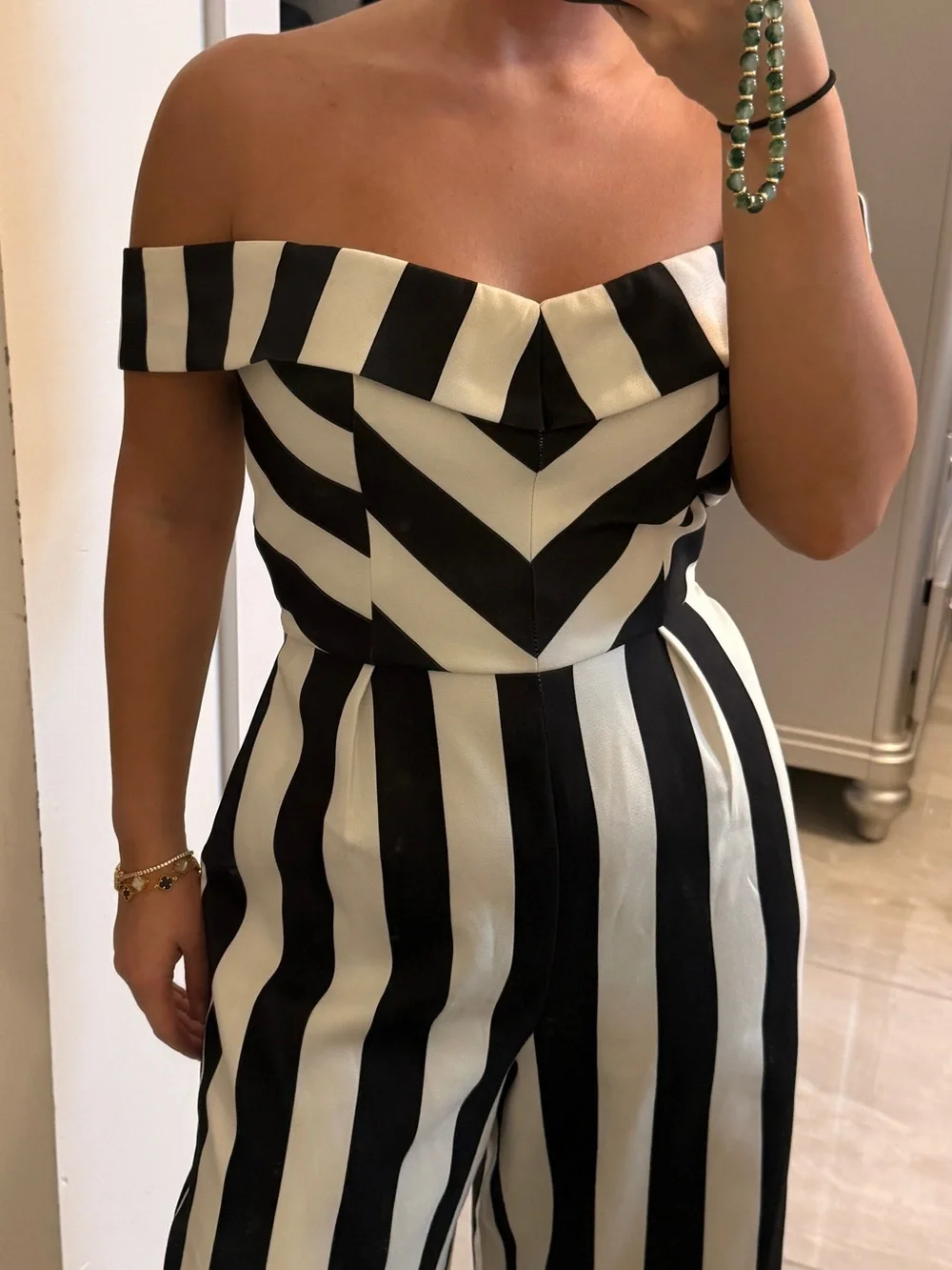 Off-Shoulder Black & White Striped Jumpsuit